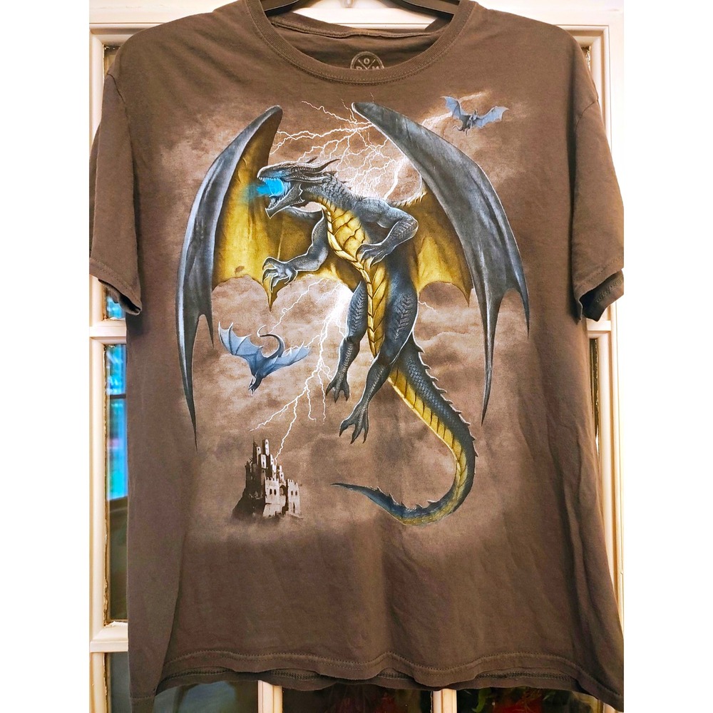 DOM Gray Dragon Graphic Print T-Shirt Mens L Crew Neck Short Sleeve Knit Logo